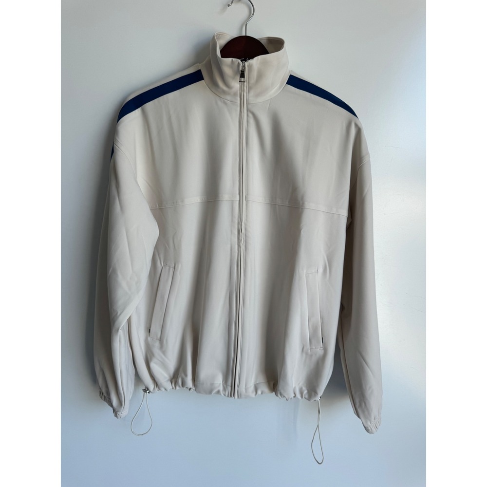 Athleta MVP Track Jacket Cream Navy Stripe Full Zip Breathable XS Sporty bomber